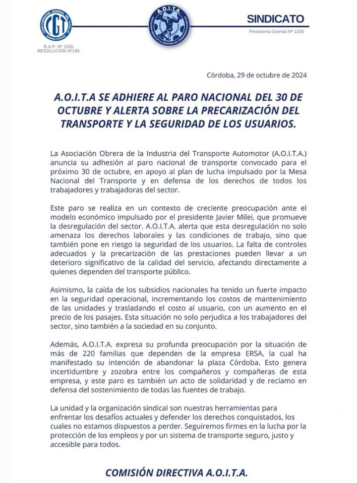 AOITA se adhiere al paro nacional del 30 de octubre y no habrá servicio interurbano