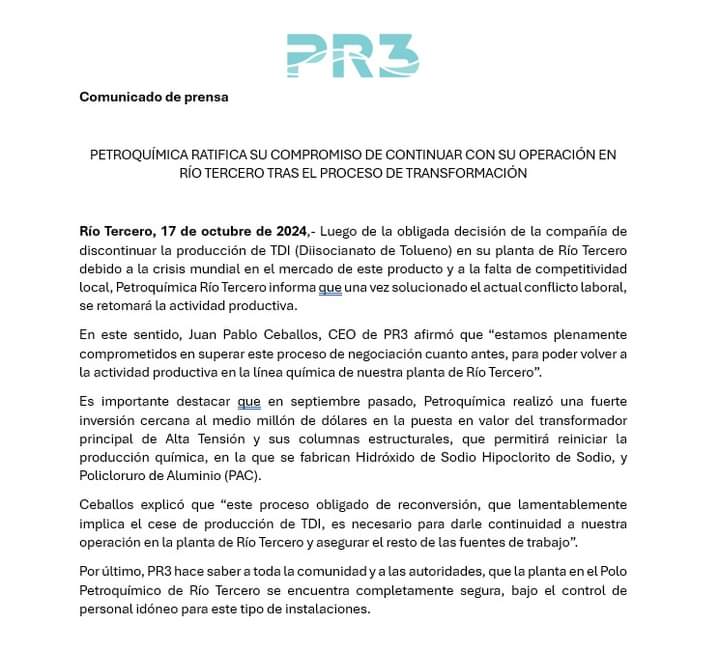 Petroquimica ratifica su compromiso de continuar con su operación en Río Tercero tras el proceso de transformación 