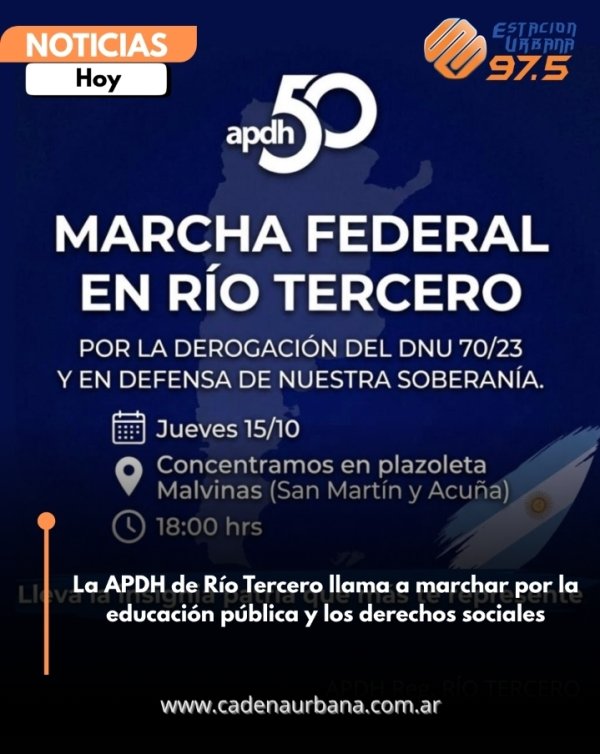 La APDH de R&iacute;o Tercero llama a marchar por la educaci&oacute;n p&uacute;blica y los derechos sociales