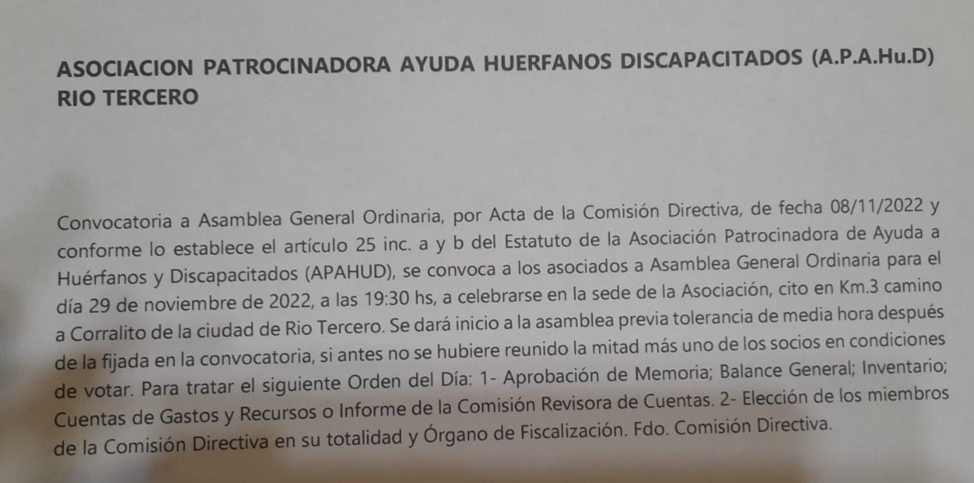 APAHUD: EL 29 HABRÁ ASAMBLEA, PRESENTACIÓN DE BALANCE Y LLAMADO A ELECCIONES