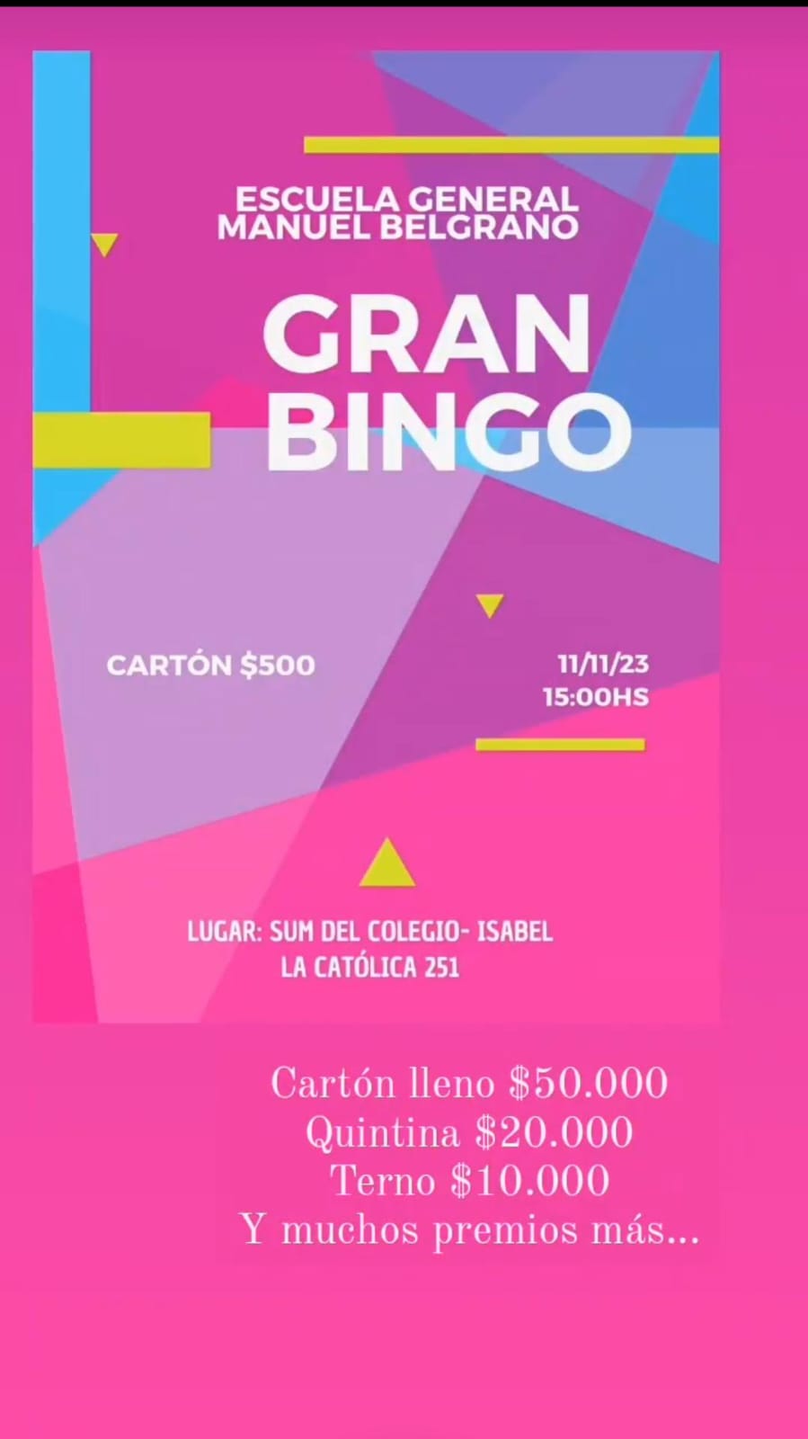 GRAN BINGO ESTE SÁBADO A BENEFICIO DE LA ESCUELA MANUEL BELGRANO