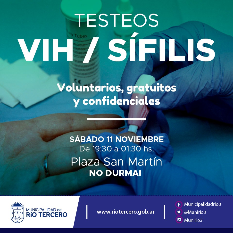 EL MUNICIPIO REALIZARÁ TESTEOS VOLUNTARIOS, GRATUITOS Y CONFIDENCIALES DE V.I.H Y SÍFILIS