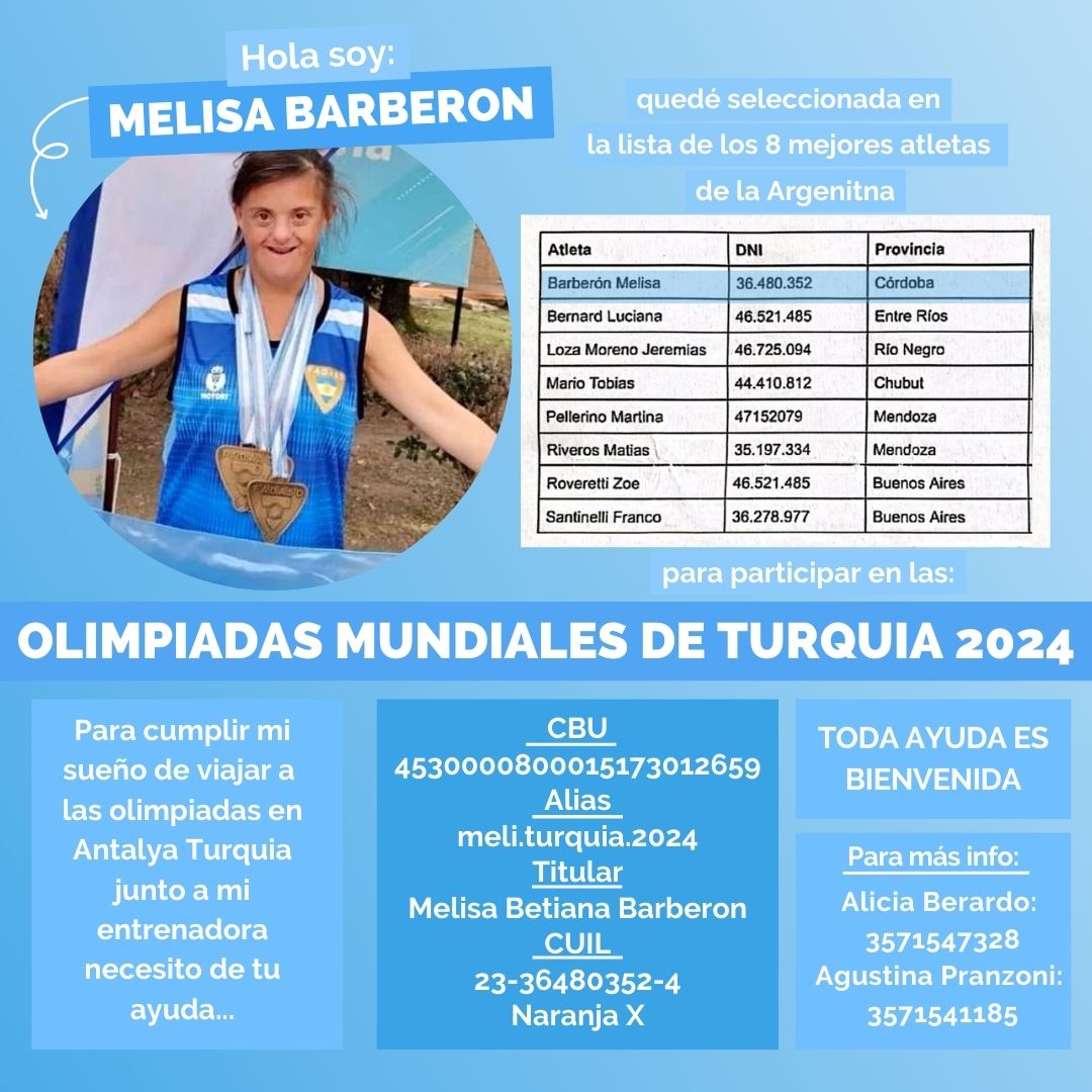LANZAN CAMPAÑA SOLIDARIA PARA QUE MELISA BARBERÓN PUEDA VIAJAR A LAS OLIMPIADAS DE TURQUÍA