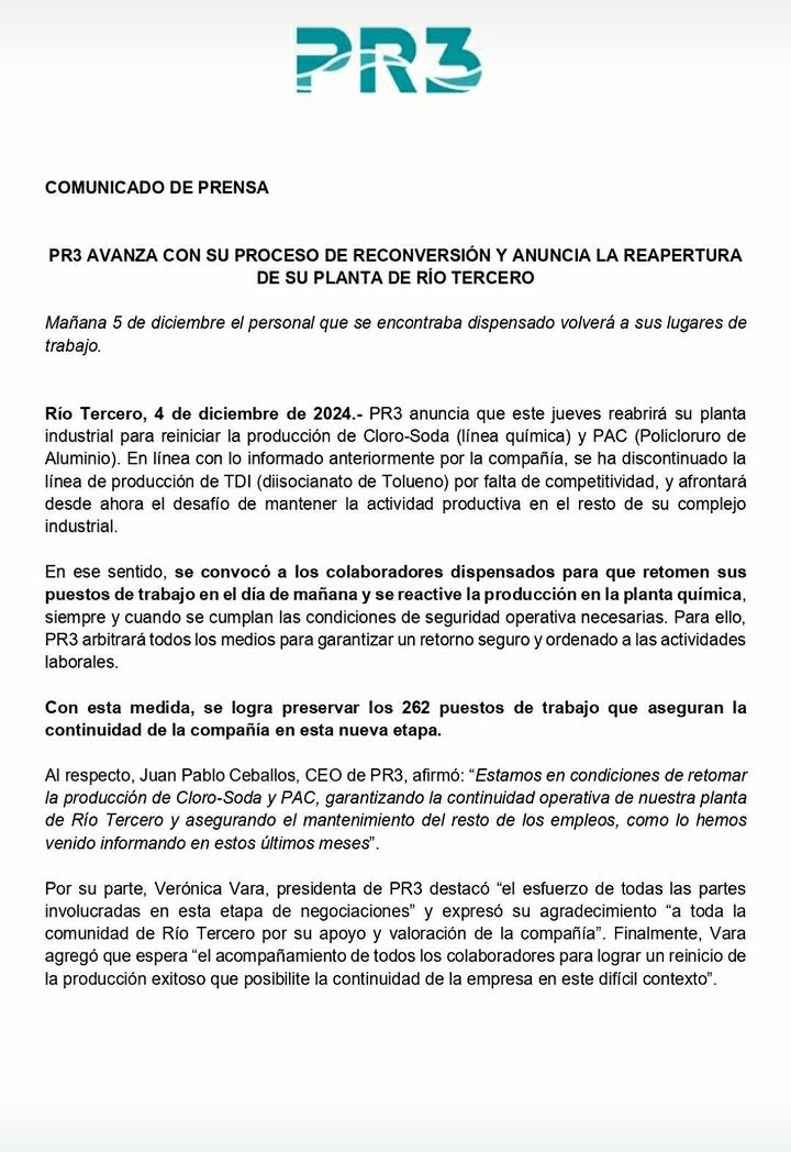 PR3 anuncia que este jueves reabrirá su planta industrial